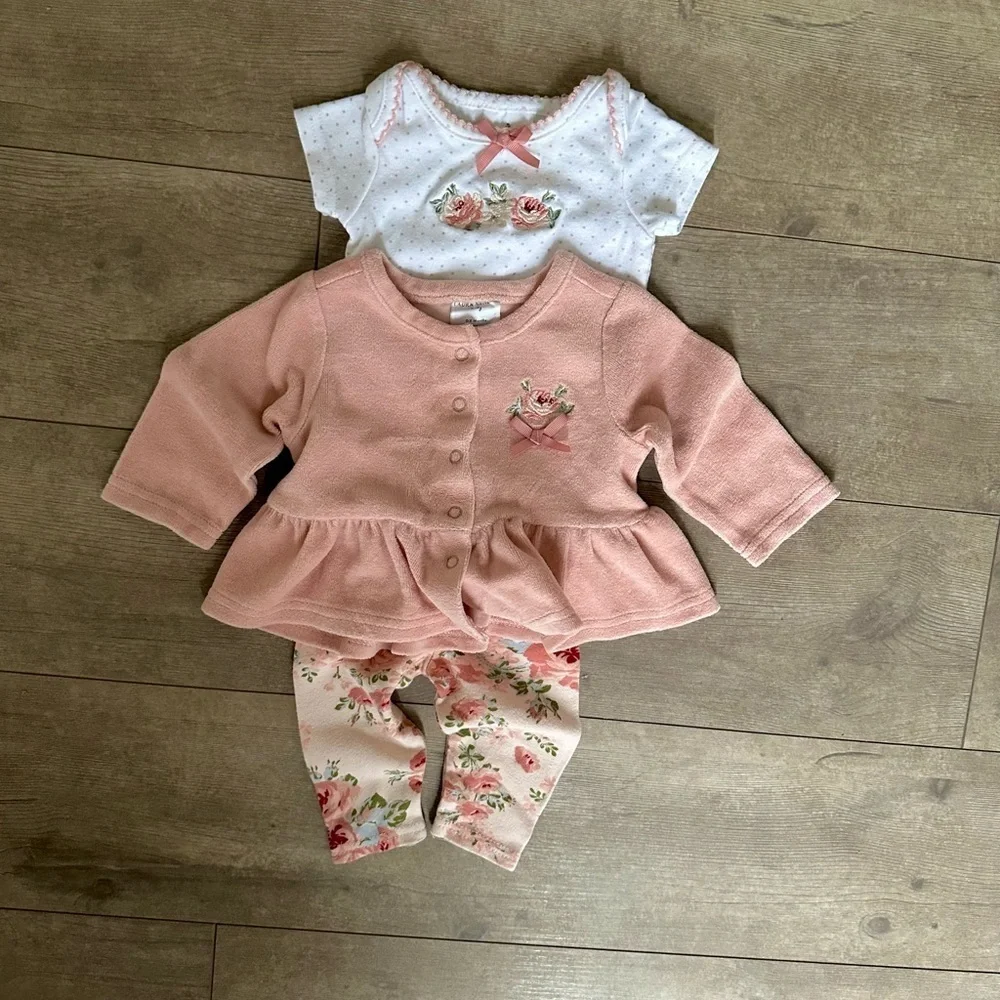 Laura Ashley Floral 3 Pc Matching Outfit Set 0-3M Infant Baby Girl